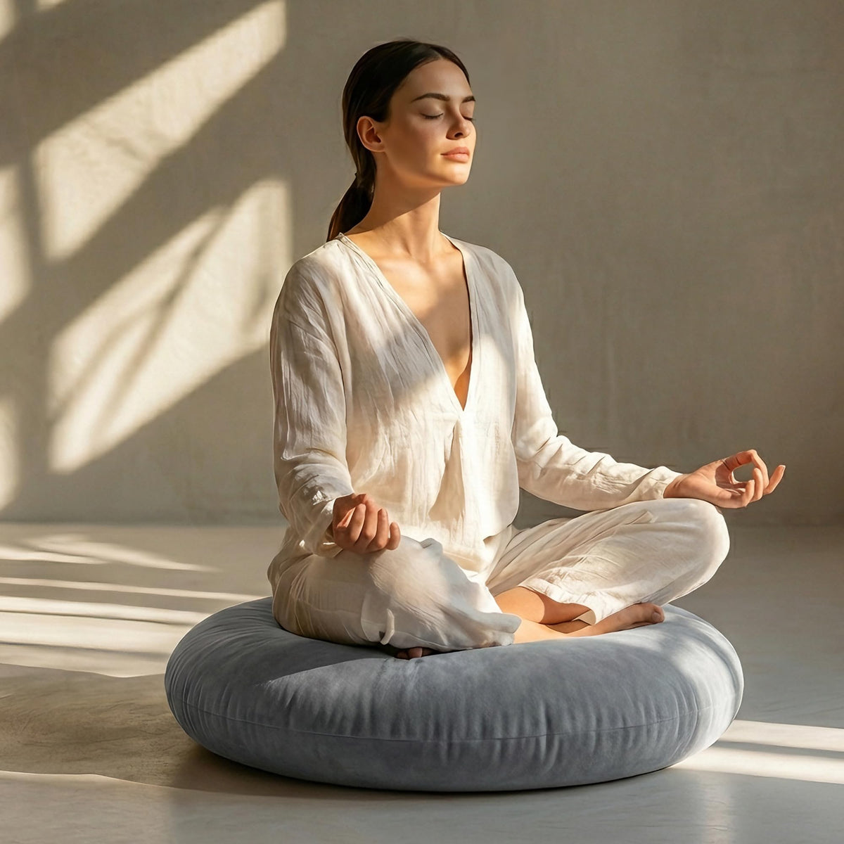 Sitting on a Solid Round Floor Cushion