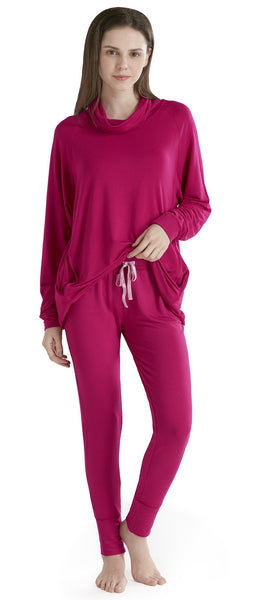 Ink+Ivy Long Sleeve Women Pajama Set - Comfy Pajamas for Woman, Solid Cowl Neck Shirts and Leggings Soft Lounge Wear, Scarlet Red S