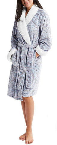 Plush Robes for Women - Plaid Fleece Ladies Robe Bathrobe, Sherpa Collar & Cuff Trim, Bedouin Gray S/M