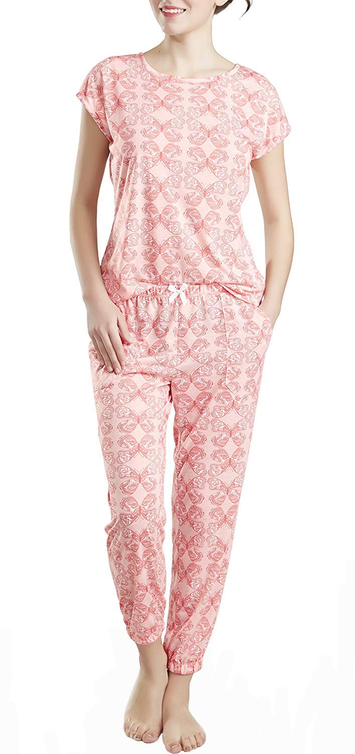 Lounge Women Pajamas Set - Pajamas for Women, Short Sleeve and Jogger Pants Sleepwear Set, Pink Small