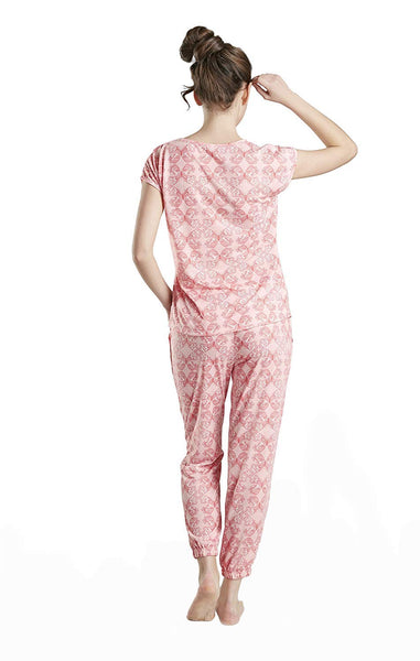 Lounge Women Pajamas Set - Pajamas for Women, Short Sleeve and Jogger Pants Sleepwear Set, Pink Small