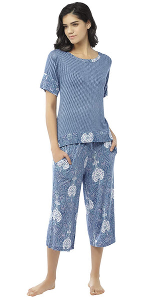 Summer Pajamas for Women - Stylish Print Ladies Pajama Set, Oversized Shirt Capri Lounge Pants, Navy 2X