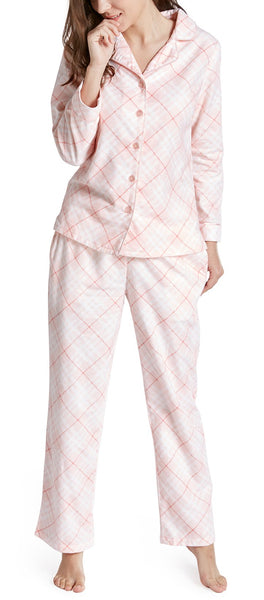 Ink+Ivy 100% Cotton Pajamas Set for Women - Flannel Long Sleeve Woman Pajama, Pink Plaid, L