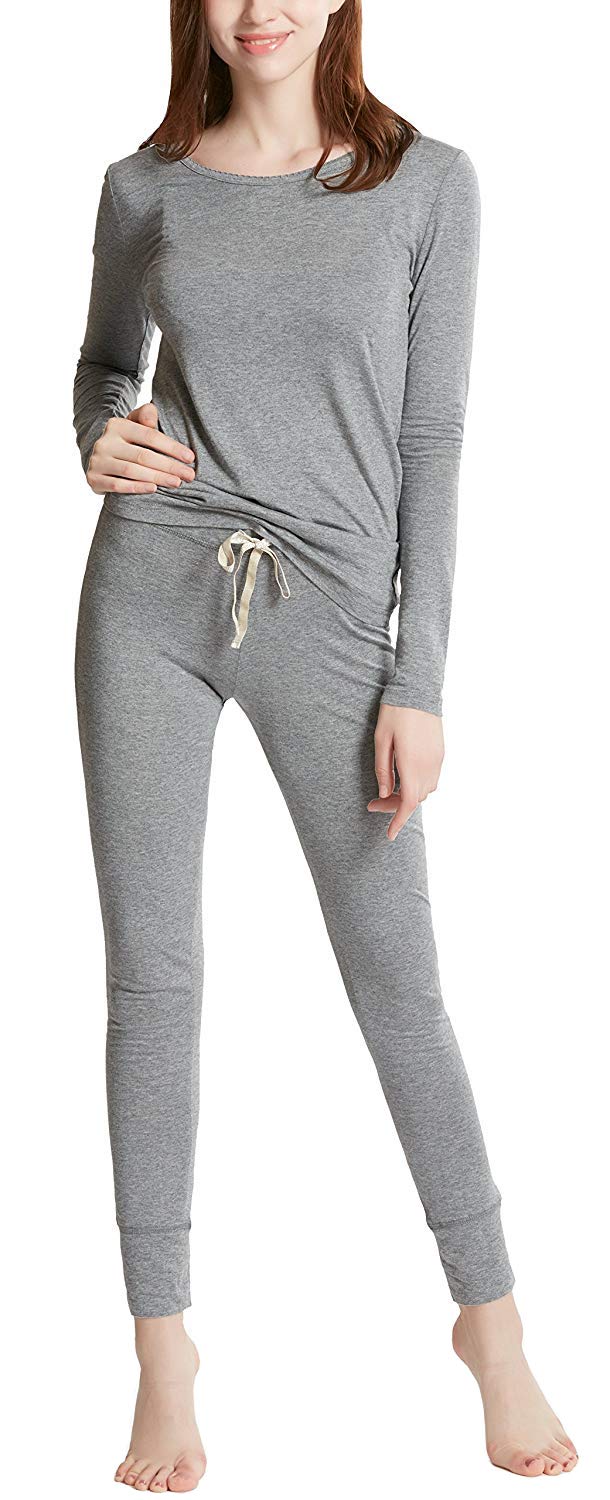 Ink+Ivy Cotton Modal Winter Pajamas for Women, Thermal Underwear Set with Picot Trim Top & Leggings, Charcoal S