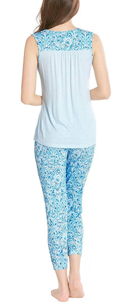 Ink+Ivy Womens Pajamas Set, Button Sleeveless Jogger Capri Sweet Paisley S
