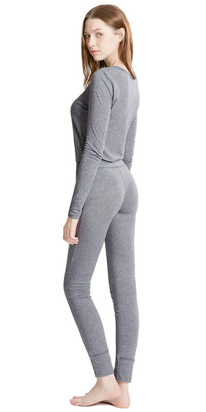 Ink+Ivy Cotton Modal Winter Pajamas for Women, Thermal Underwear Set with Picot Trim Top & Leggings, Charcoal S