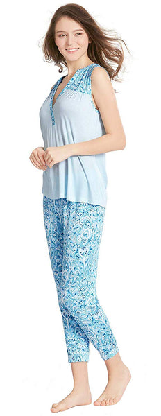 Ink+Ivy Womens Pajamas Set, Button Sleeveless Jogger Capri Sweet Paisley S