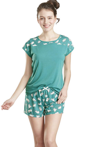 Ink+Ivy Summer Pajamas for Women - Short Sleeve Tee Shirt and Shorts Pajama Set for Women, Yoga Cat Print Small