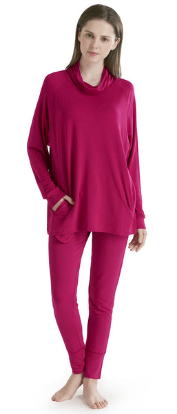 Ink+Ivy Long Sleeve Women Pajama Set - Comfy Pajamas for Woman, Solid Cowl Neck Shirts and Leggings Soft Lounge Wear, Scarlet Red S