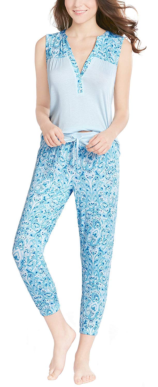 Ink+Ivy Womens Pajamas Set, Button Sleeveless Jogger Capri Sweet Paisley S