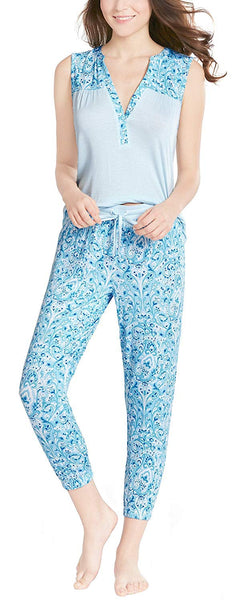 Ink+Ivy Womens Pajamas Set, Button Sleeveless Jogger Capri Sweet Paisley S