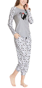Ink+Ivy Pajamas for Women, Cute Holiday Woman Pajama Set - Tossed Cuties Long Sleeve Raglan Shirt with Capri Joggers Grey/Black M