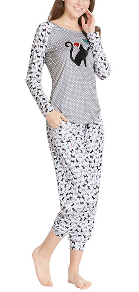 Ink+Ivy Pajamas for Women, Cute Holiday Woman Pajama Set - Tossed Cuties Long Sleeve Raglan Shirt with Capri Joggers Grey/Black M