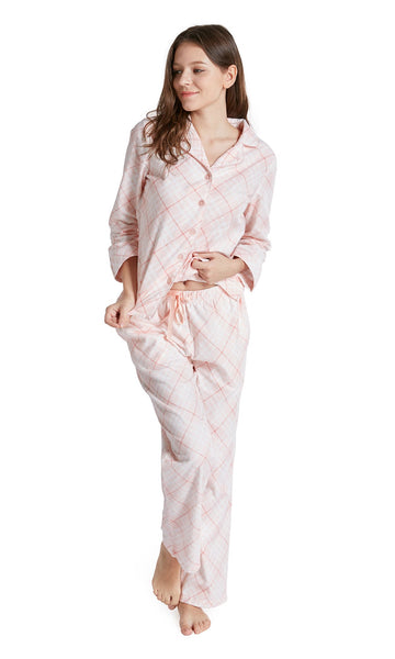 Ink+Ivy 100% Cotton Pajamas Set for Women - Flannel Long Sleeve Woman Pajama, Pink Plaid, L