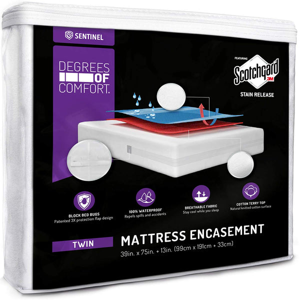 Degrees of Comfort Waterproof Zippered Mattress Encasement - Breathable Bed Bug Mattress Cover with Advance Patented Zipper Flap Design - 3M Scotchgard Stain Release Technology