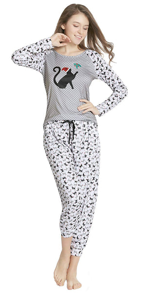 Ink+Ivy Pajamas for Women, Cute Holiday Woman Pajama Set - Tossed Cuties Long Sleeve Raglan Shirt with Capri Joggers Grey/Black M