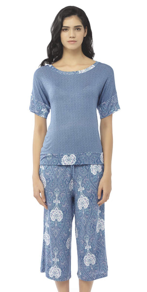 Summer Pajamas for Women - Stylish Print Ladies Pajama Set, Oversized Shirt Capri Lounge Pants, Navy 2X