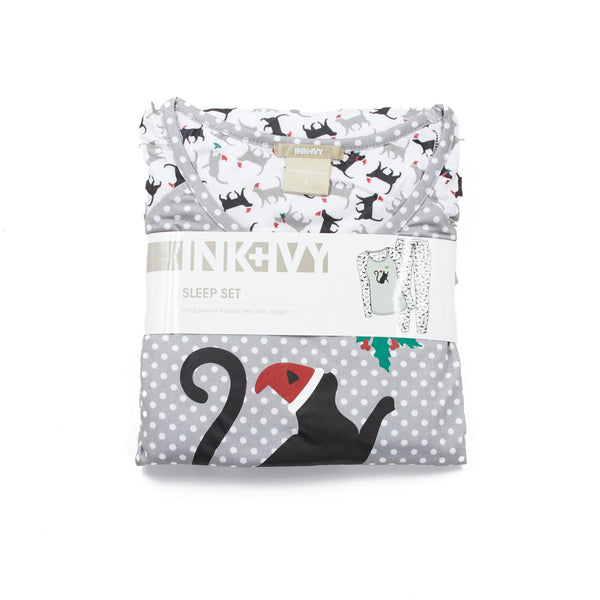 Ink+Ivy Pajamas for Women, Cute Holiday Woman Pajama Set - Tossed Cuties Long Sleeve Raglan Shirt with Capri Joggers Grey/Black M