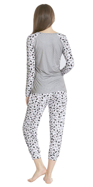 Ink+Ivy Pajamas for Women, Cute Holiday Woman Pajama Set - Tossed Cuties Long Sleeve Raglan Shirt with Capri Joggers Grey/Black M