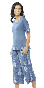 Summer Pajamas for Women - Stylish Print Ladies Pajama Set, Oversized Shirt Capri Lounge Pants, Navy 2X