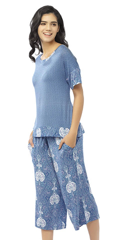 Summer Pajamas for Women - Stylish Print Ladies Pajama Set, Oversized Shirt Capri Lounge Pants, Navy 2X