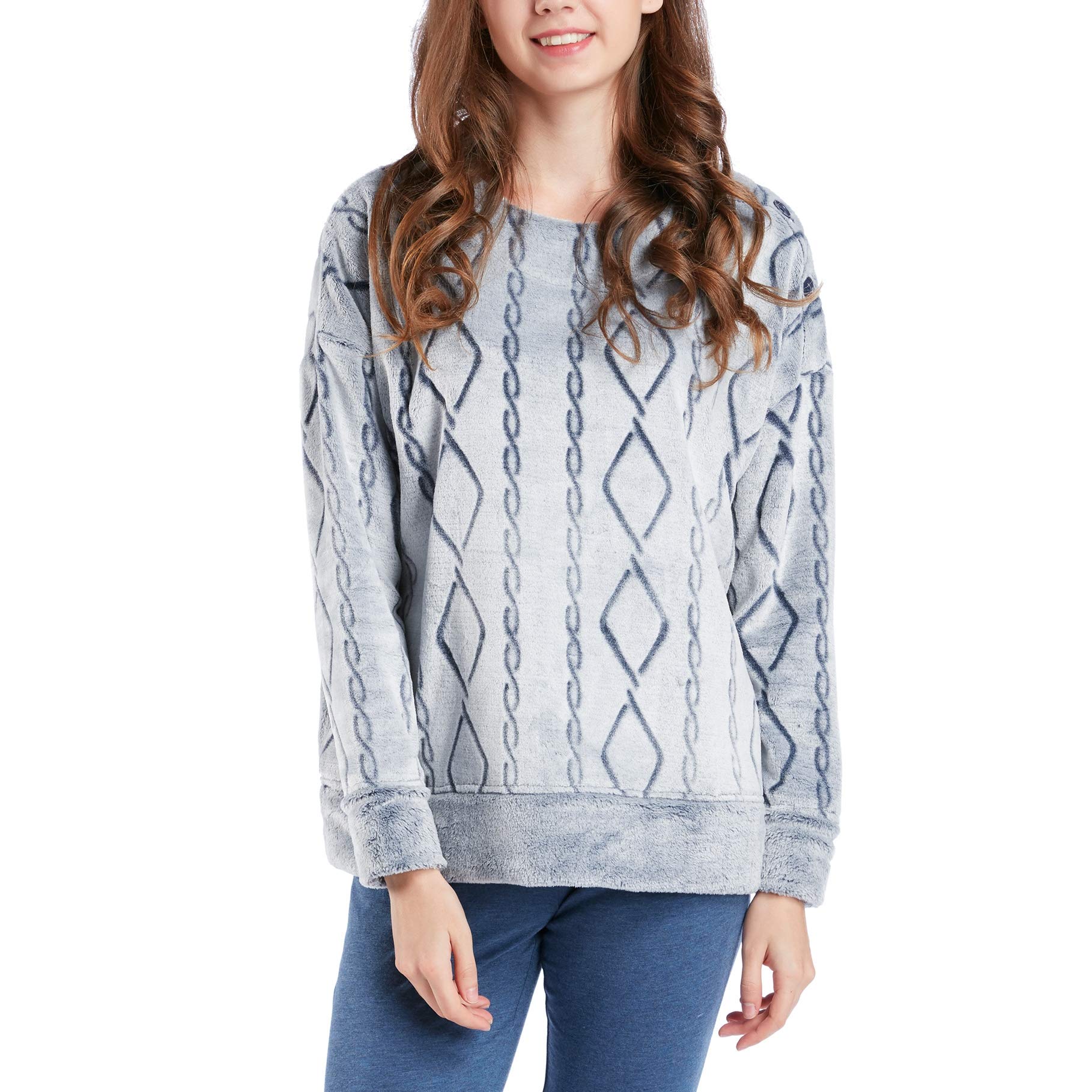 Scoop Neck Pullover Sweatshirts for Women, Crewneck Sweatshirt Women Cable Sweater Top with Shoulder Buttons, Blue S