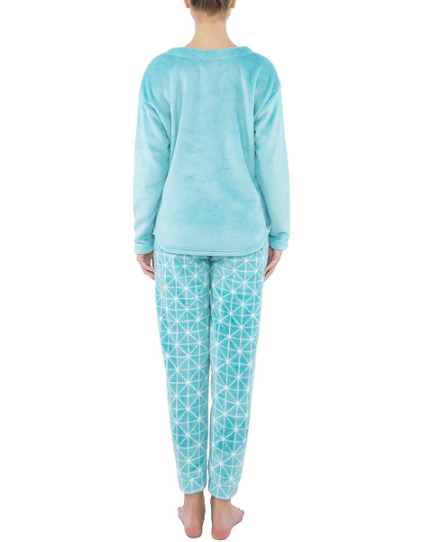 Fleece Pajamas for Women, Microfleece Pullover Sweater Top and Jogger Pants Pajama Set, Aqua Blue Small