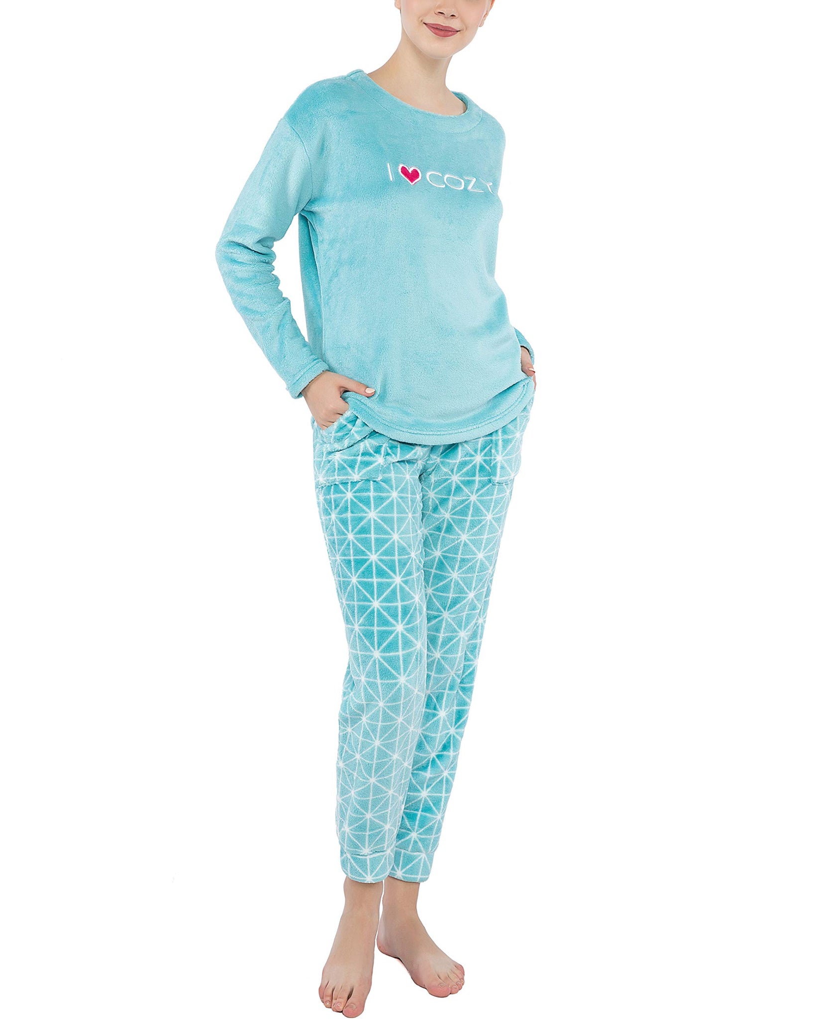 Fleece Pajamas for Women, Microfleece Pullover Sweater Top and Jogger Pants Pajama Set, Aqua Blue Small